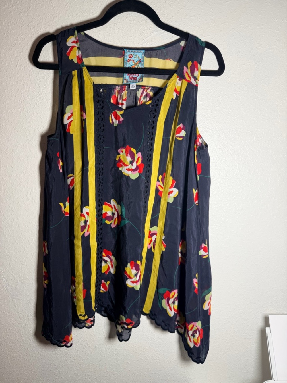 Johnny Was Navy Floral Tank with Yellow Stripe Details